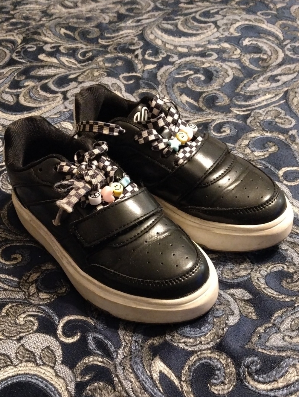 Justice Black Sneakers with Checker Laces and Bead Accents